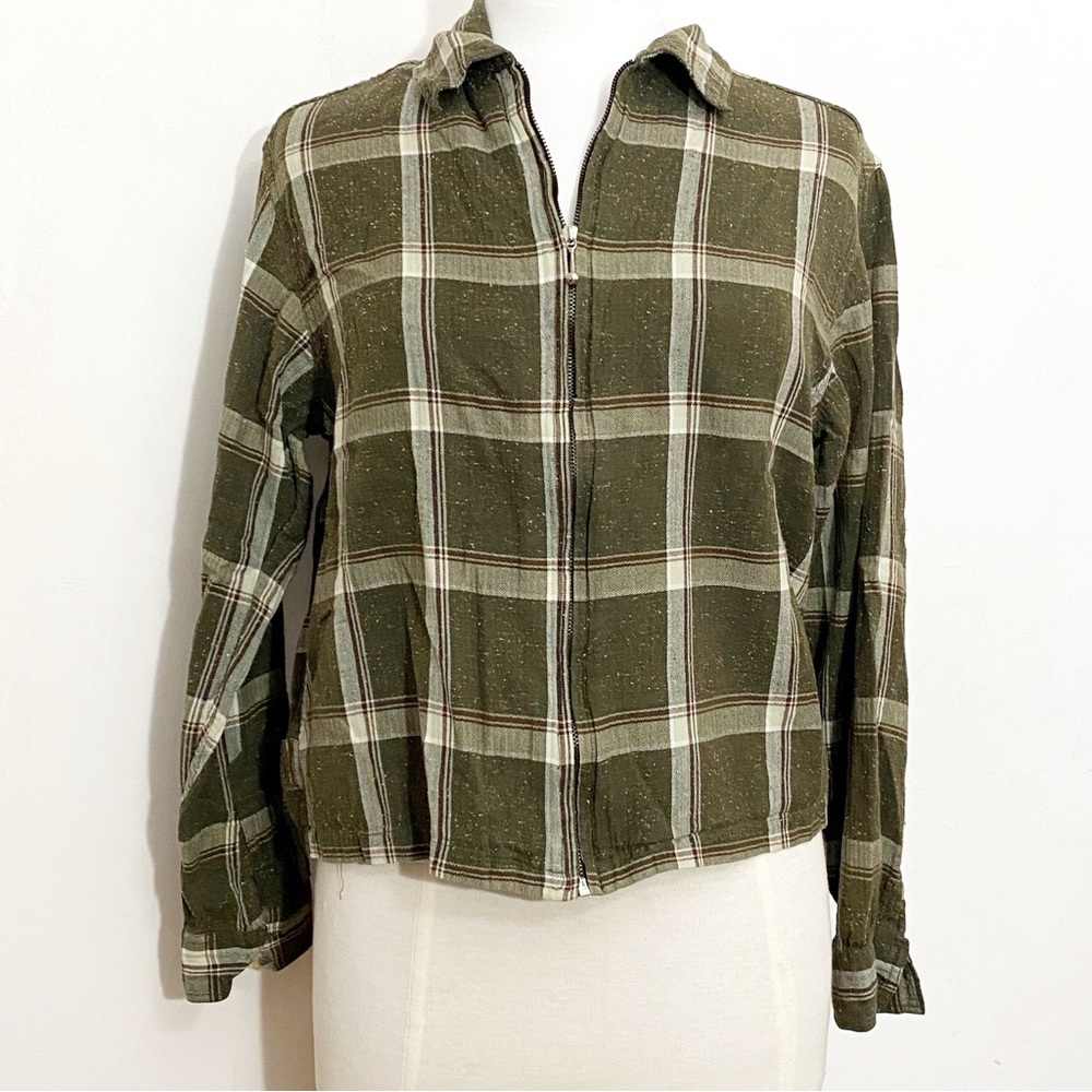 KEREN HART nubby plaid zip front unlined light jacket long sleeve 100% cotton L